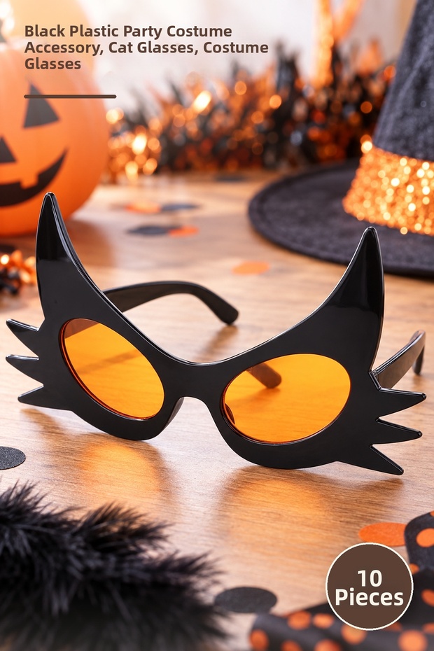 10 Pieces Cat Glasses – Black Plastic Party Costume Accessory with Mustache Design, Cat Glasses, Costume Glasses