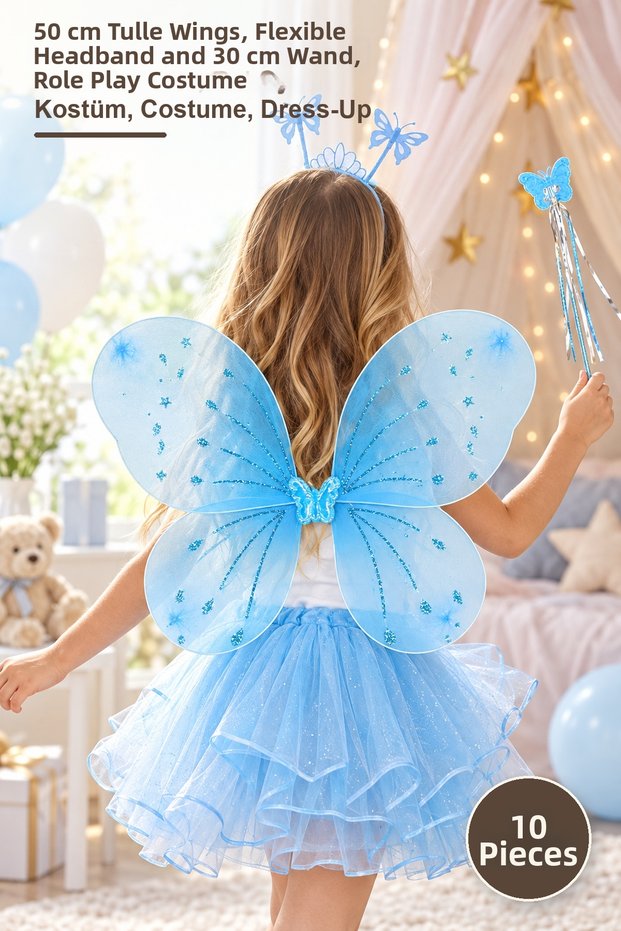 10 Pieces Blue Children's Butterfly Wing Set – 50 cm Tulle Wing, Flexible Crown and 30 cm Wand, Role Play Costume, Costume, Dress-Up