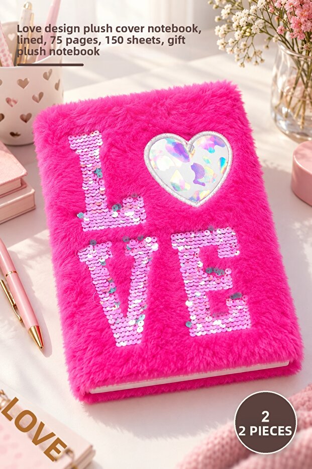 2 Pieces Plush Heart Notebook – Love Design Plush Cover Notepad, Lined 75 Pages 150 Sheets, Gift Plush Notebook