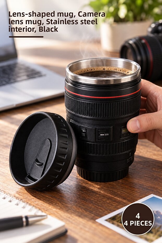 4 Pieces of Steel Mug with Lens Design – Lens-Looking Mug, Camera Lens Mug, Stainless Inner Chamber, Black