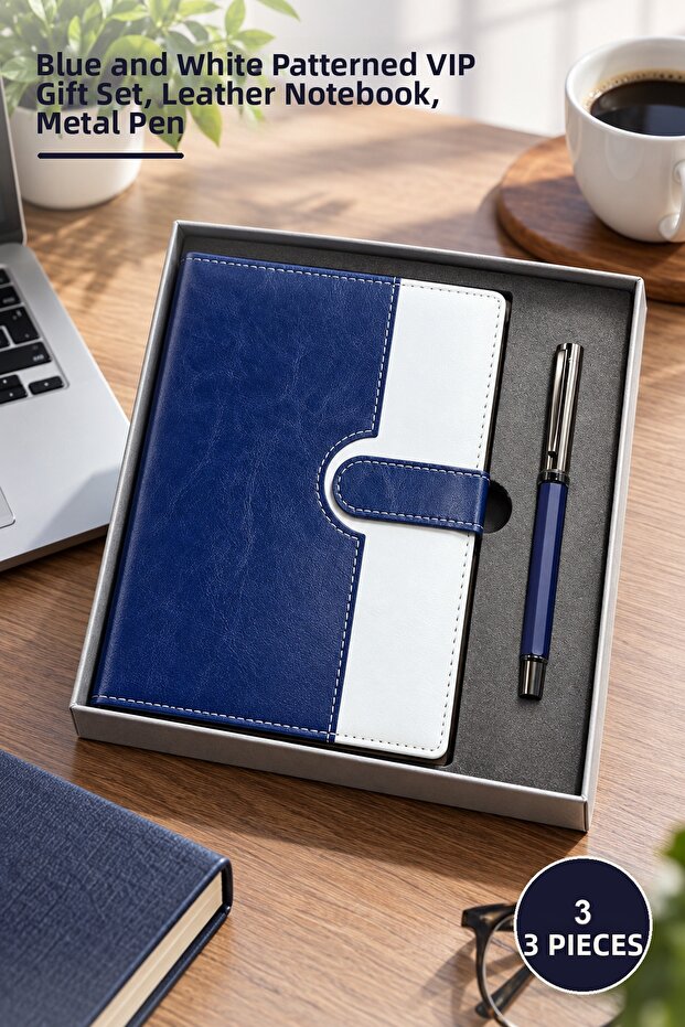 3-Piece Leather Cover Notebook and Metal Pen Set – Boxed Blue and White Patterned Vip Gift Set, Leather Notebook, Metal Pen
