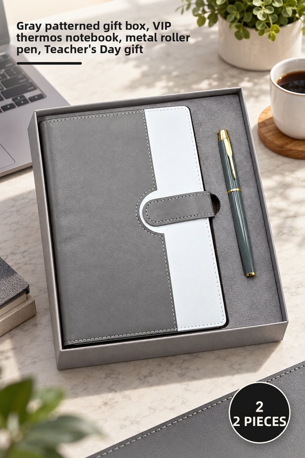 2-Piece Boxed Leather Notebook and Metal Roller Pen Set – Gray Patterned Gift Box, Vip Thermo Notebook, Metal Roller Pen, Teachers' Day Gift