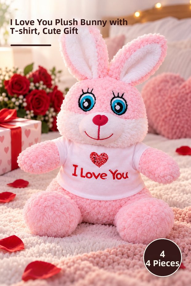 4 Pink Plush Rabbits – Plush Toy with I Love You T-Shirt, Gift Cute Rabbit, Plush Bunny