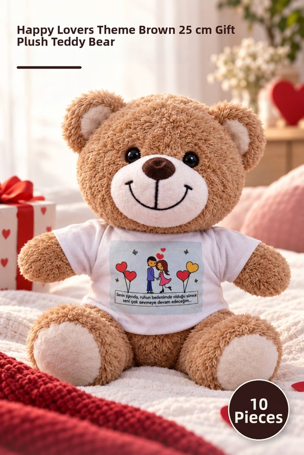 10 Plush Teddy Bears – Happy Lovers Themed with T-Shirt, Brown 25 cm Gift Plush Teddy Bear