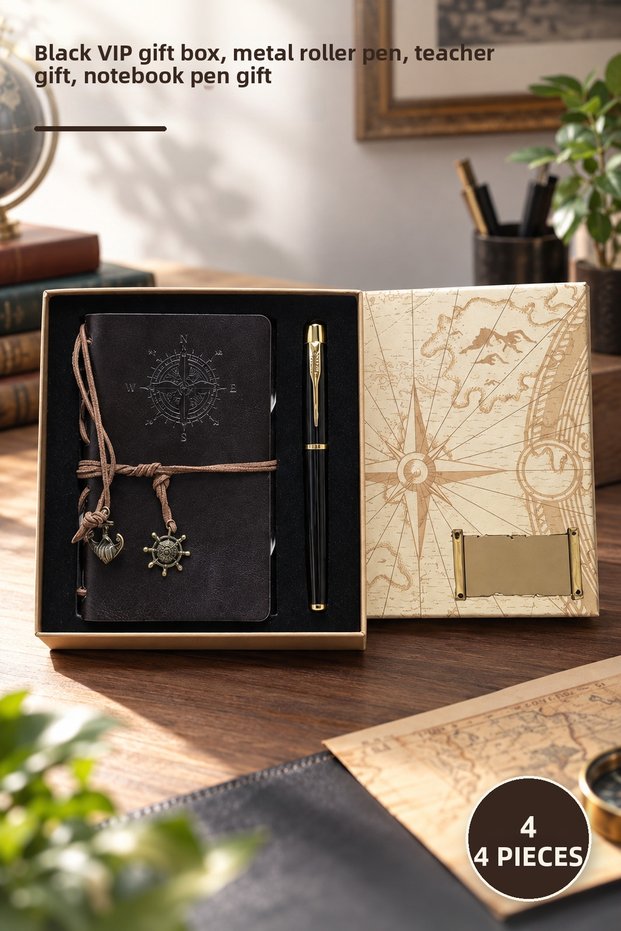 4 Piece Compass Printed Leather Notebook Pen Set – Black Vip Gift Box, Metal Roller Pen, Gift for Teacher, Notebook Pen Gift