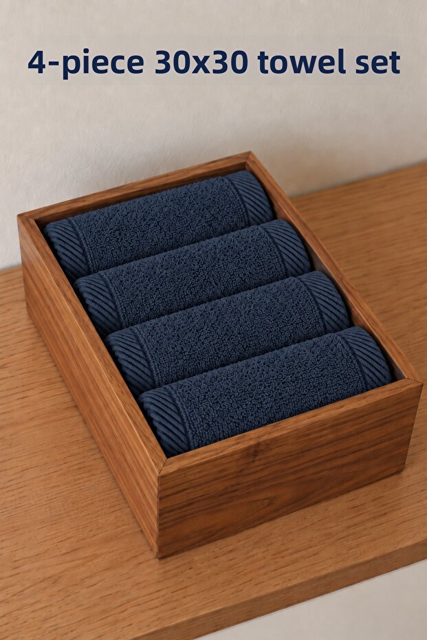 Set of 4 30X30 cm 100% Organic Cotton Hand and Kitchen Towels - High Absorbency with Hanger Detail
