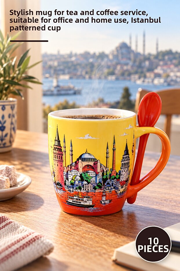 10 Pieces Istanbul Themed Porcelain Mug with Spoon – Stylish Mug for Tea and Coffee Service, Office and Home Use, Istanbul Patterned Cup