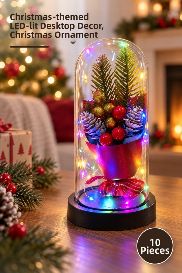 10 Decorative Glass Jars – Christmas Themed Lighted Desktop Decor, Christmas Ornament, Led Lighted