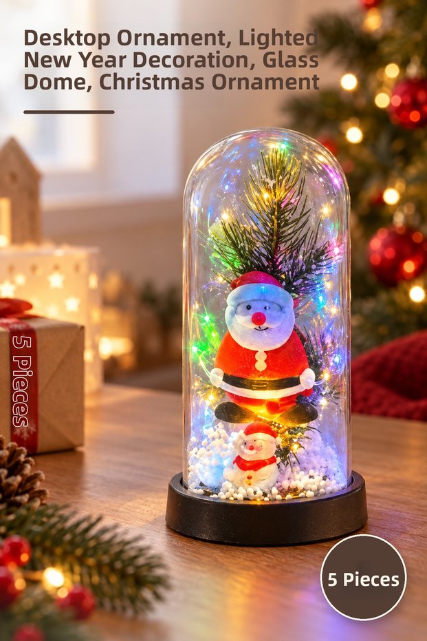5 Pieces of Christmas Themed Lighted Decorative Glass Jars – Desktop Ornament, Lighted Christmas Decor, Glass Dome, Christmas Ornament