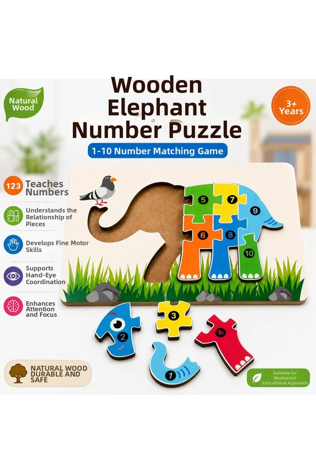 Wooden Elephant Figure Puzzle – 1-10 Number Matching Game