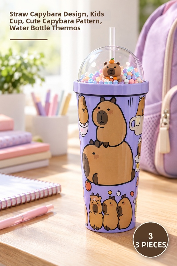 3 Pieces of Capybara Thermos Water Bottle with Straw and Beads – Flask with Straw, Children's Water Bottle, Cute Capybara Pattern, Water Bottle Thermos