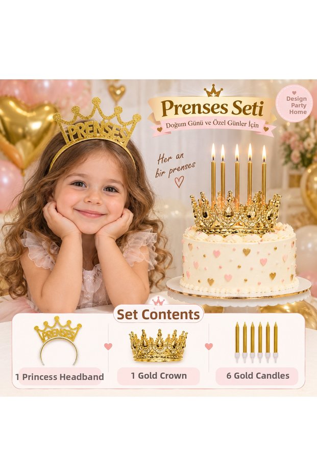 Princess Themed Birthday Set – Princess Crown, Gold Cake Crown, and 6 Gold Candles
