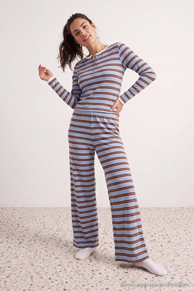 Blue Striped Double Layered Patchwork Knitted Pajama Set Thmaw27Pt00206
