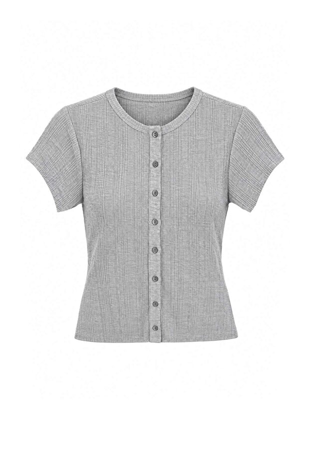 Gray Melange Fitted/Bodycon Buttoned Pointel Knitted Blouse Twoss26Bz01105