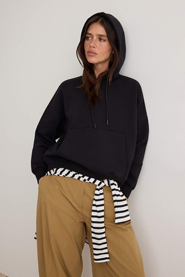 Black Thick Fleece Lined Hooded Drawstring Oversize Knitted Sweatshirt Twoaw27Sw00140