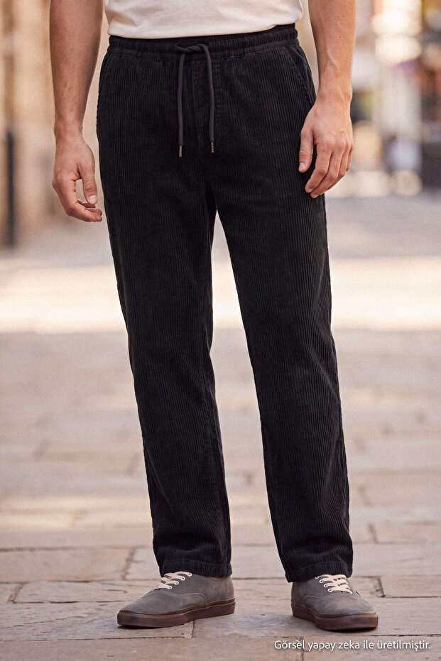 Siyah Kadife Beli Lastikli Normal/Regular Fit Erkek Pantolon TMNAW27PL00006