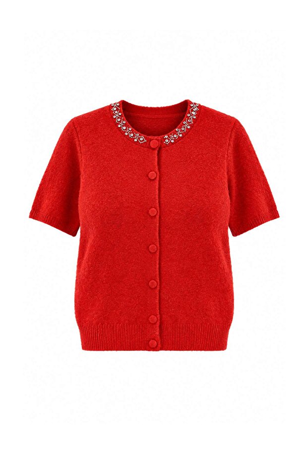 Red Stone Embroidered Crew Neck Soft Textured Blouse Twoaw27Bz00134