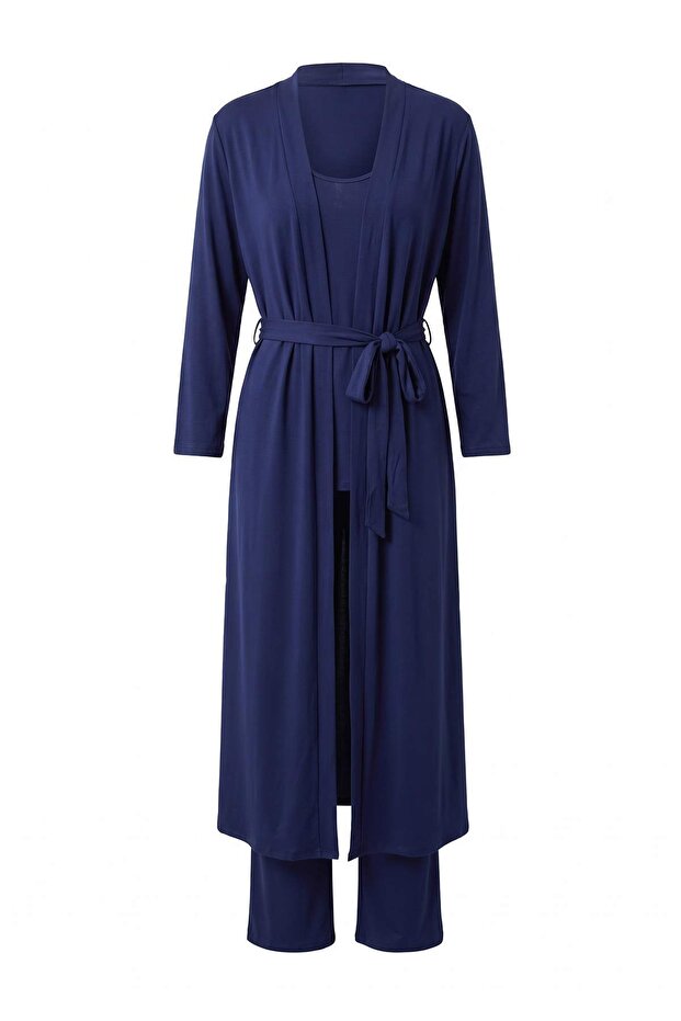 Navy Blue 3-Piece Viscose Robe+Undershirt+Pants Knitted Pajama Set Thmaw27Pt00005