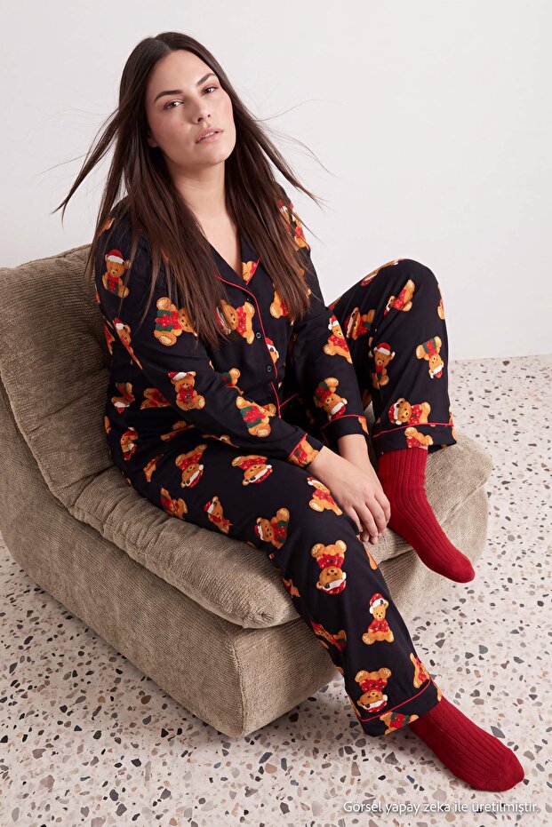 100% Cotton Teddy Bear Christmas Themed Ribbed Knitted Large Size Pajama Set Tbbaw27Ai00031