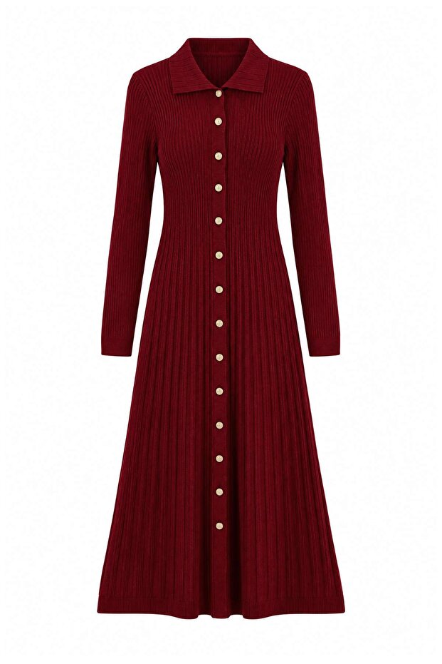 Bordo Düz Maxi Polo Yaka Triko Elbise TWOAW27EL00097