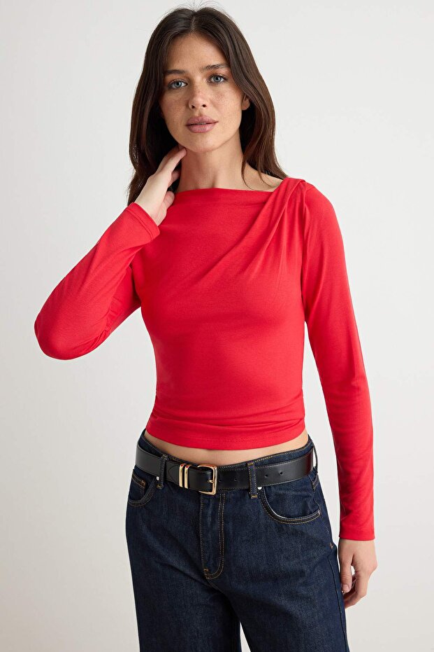 Red Fitted/Asymmetrical Neckline Detailed Soft Fabric Flexible Knitted Blouse Twoaw26Bz00088