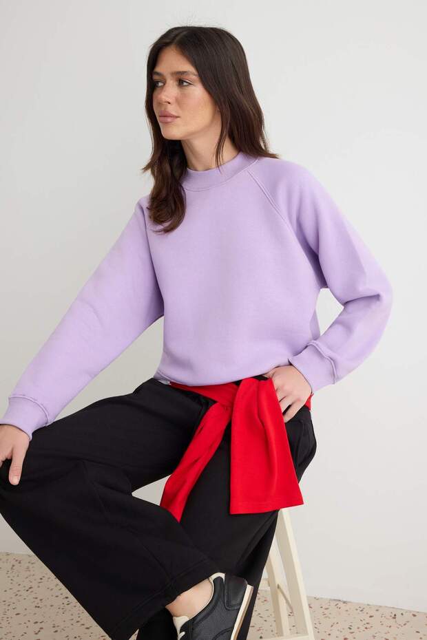 Wardrobe Essentials Lilac Thick Fleece Lined Oversize/Wide Cut Knitted Sweatshirt Twoaw27Sw00066
