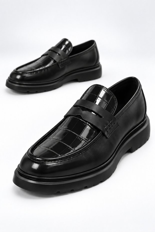 Fv003 Men's Black Genuine Leather Laceless Loafer Eva Sole - Full Fit