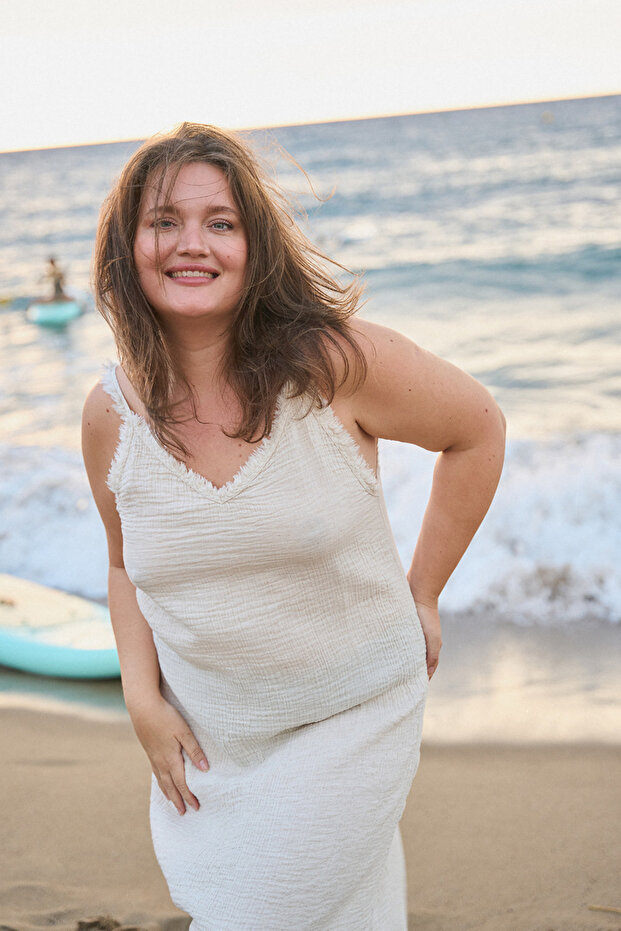 Women's Ecru Crinkle Linen Strap Dress