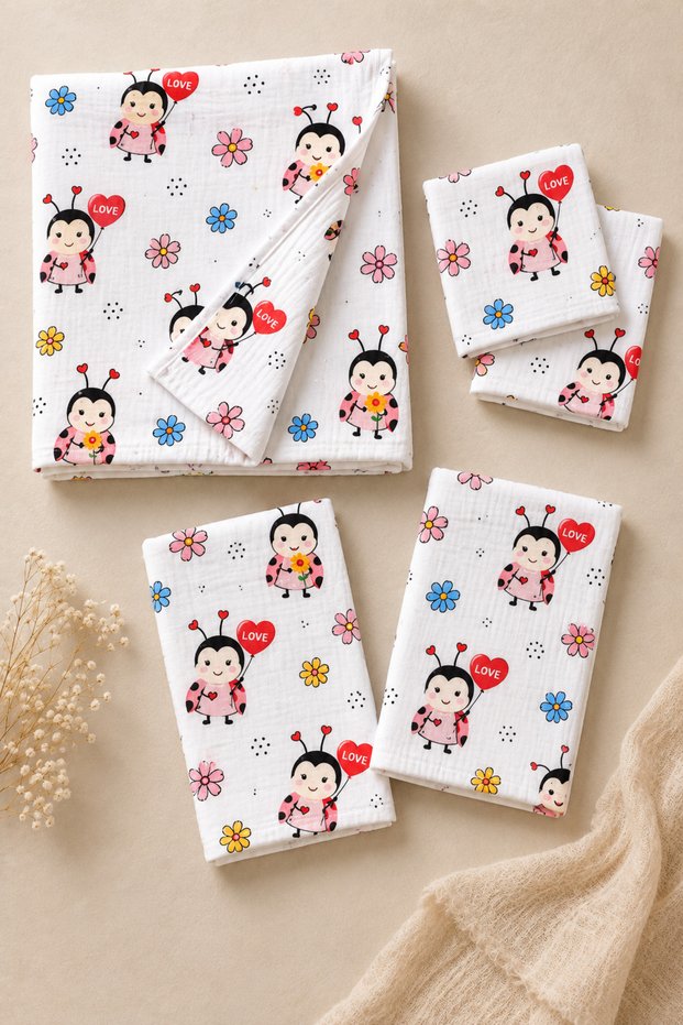Multi-Purpose Muslin Cloth Blanket Set 5 Pieces Red Ladybug
