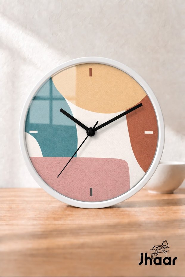 Ceas de perete modern abstract în culori pastelate - Dimensiune medie 25 cm - Carcasă albă - Silențios, cu sticlă