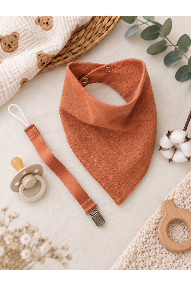Set of 2 / 1 Organic Cotton Scarf, 1 Pacifier Strap (Cinnamon)