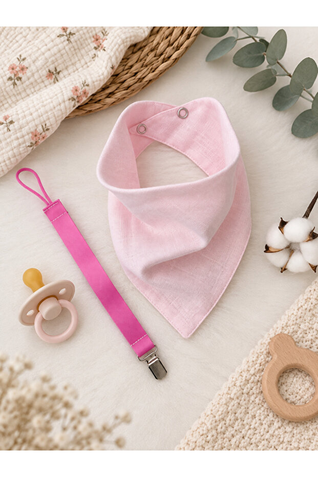 Set of 2 / 1 Pacifier Strap, 1 Organic Cotton Scarf (Pink)