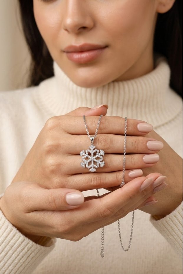 Women's Snowflake Necklace with Steel Chain - Silver Color - (with Surprise Gift)