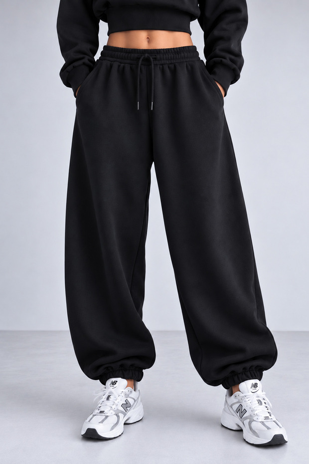 Women's Black Winter Thick Inner Fleece High Waist Basic Jogger Sweatpants