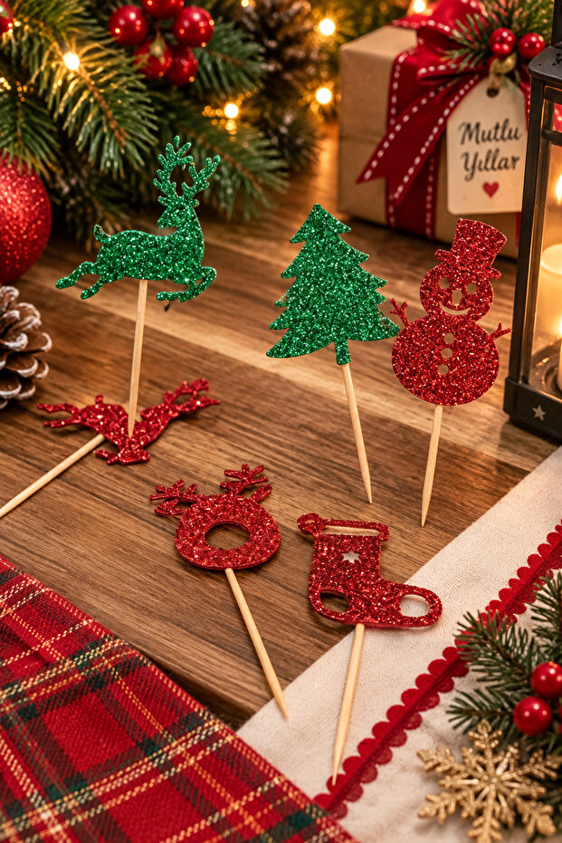6 Pieces Green and Red Mixed Christmas Motif New Year's Tableware Ornament Glittered Eva New Year's Toothpick