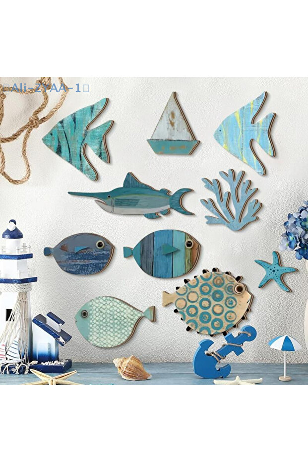 JETTING 【ZYAA-1】10pcs/set Fish Wall Decor Wooden Fish Hanging Beach Theme Bathroom Art Nautical Coas