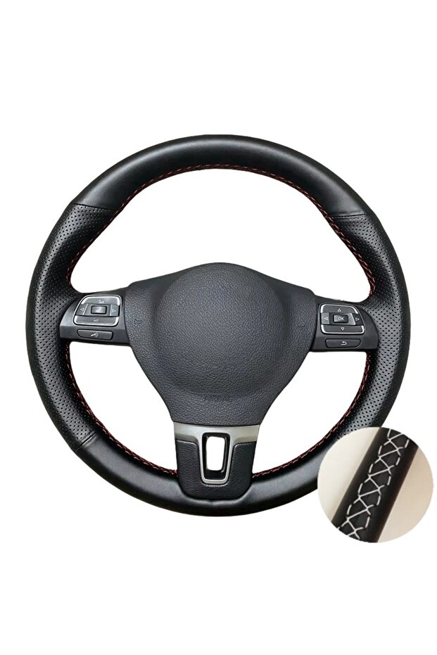 Gray Thread Perforated Leather Hand Sewing Car Steering Wheel Cover Trim Black For VW Golf 2009 Pass