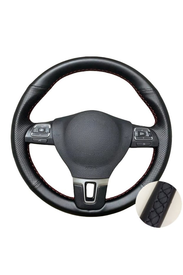 Black Thread Perforated Leather Hand Sewing Car Steering Wheel Cover Trim Black For VW Golf 2009 Pas