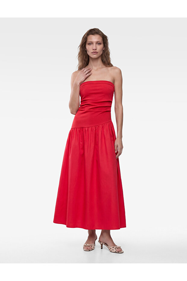 Drape Detailed Strapless Midi Dress