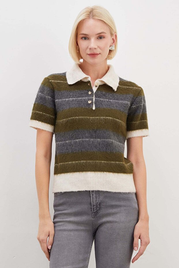 Striped Half Button Polo Collar Short Sleeve Knit Sweater