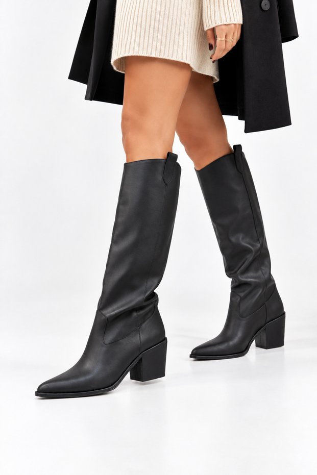 Ptc Western Heeled Women's Cowboy Boots Below the Knee Wide Cuff-Black