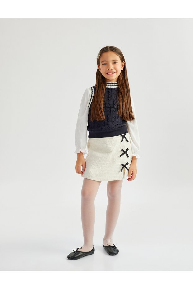 Bow Detailed Wool Blended A-Line Skirt with Slit Detail