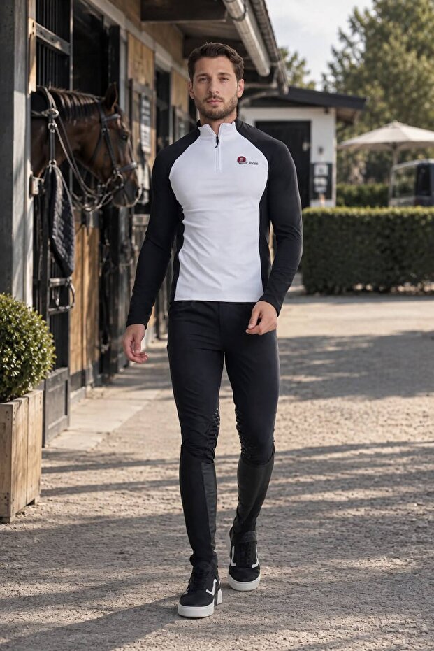 Black Sleeve White Garnished Zippered Long Sleeve Men's Riding T-Shirt