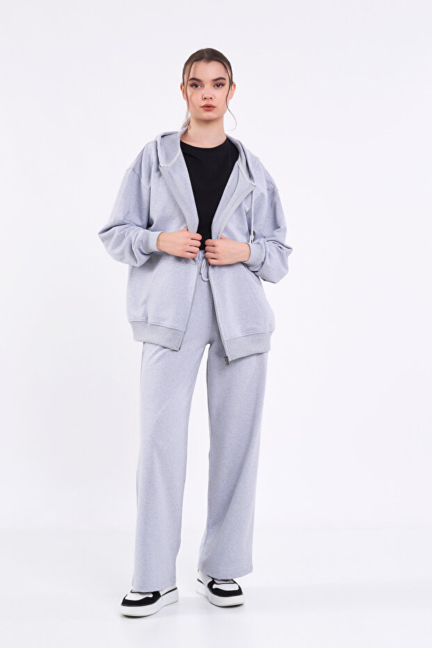 Women's Gray Regular Fit Basic Elastic Waist Hooded Oversize Seasonal Bottom Top Tracksuit Set