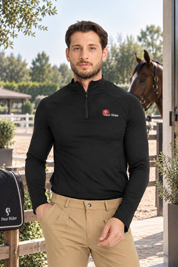 Black Sleeve Black Garnished Zippered Long Sleeve Men's Riding T-Shirt