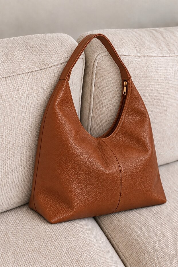 Women's Tan Daily Large Size Zippered Lined Large Volume Stylish Women's Hand and Shoulder Bag
