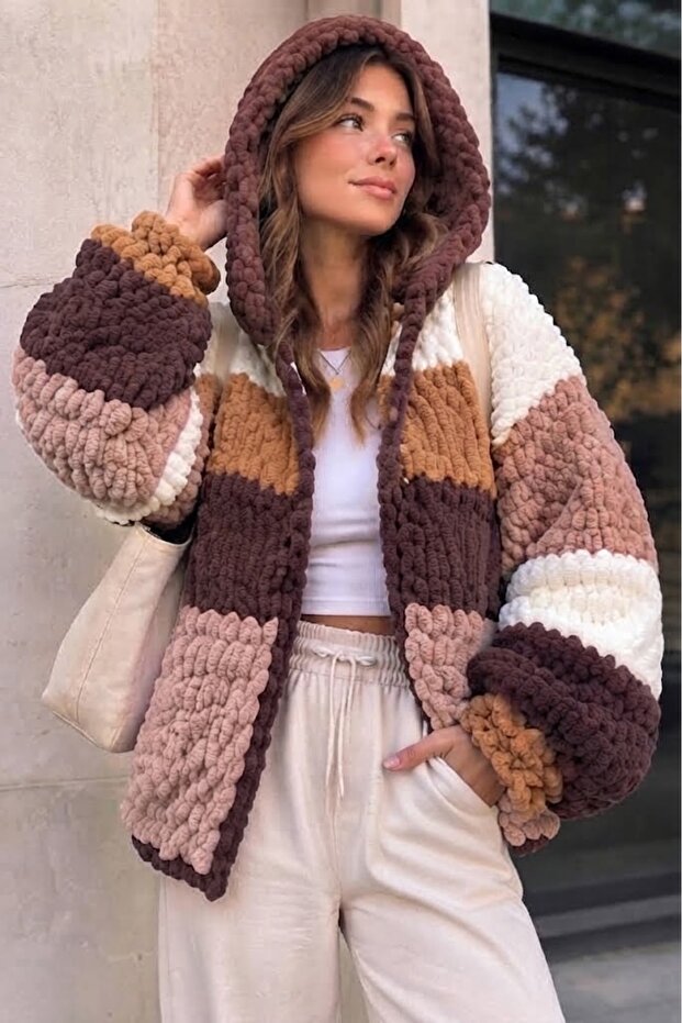 Hooded Hand Knitted Puffy Cardigan Jacket Long Length