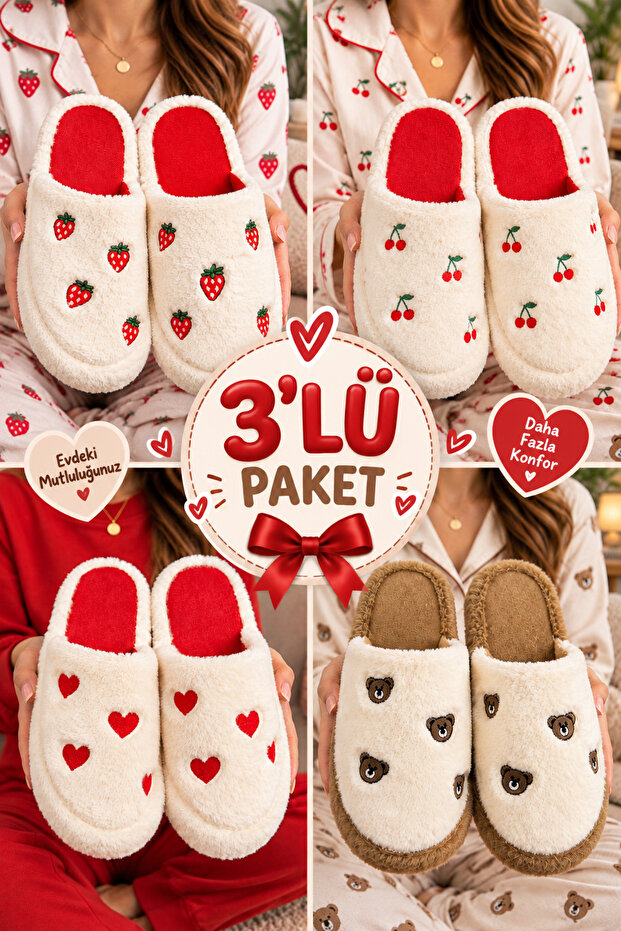 3-Piece Heart Strawberry Cherry Teddy Bear Embroidered Guest Bundle Balcony Dowry House Slippers