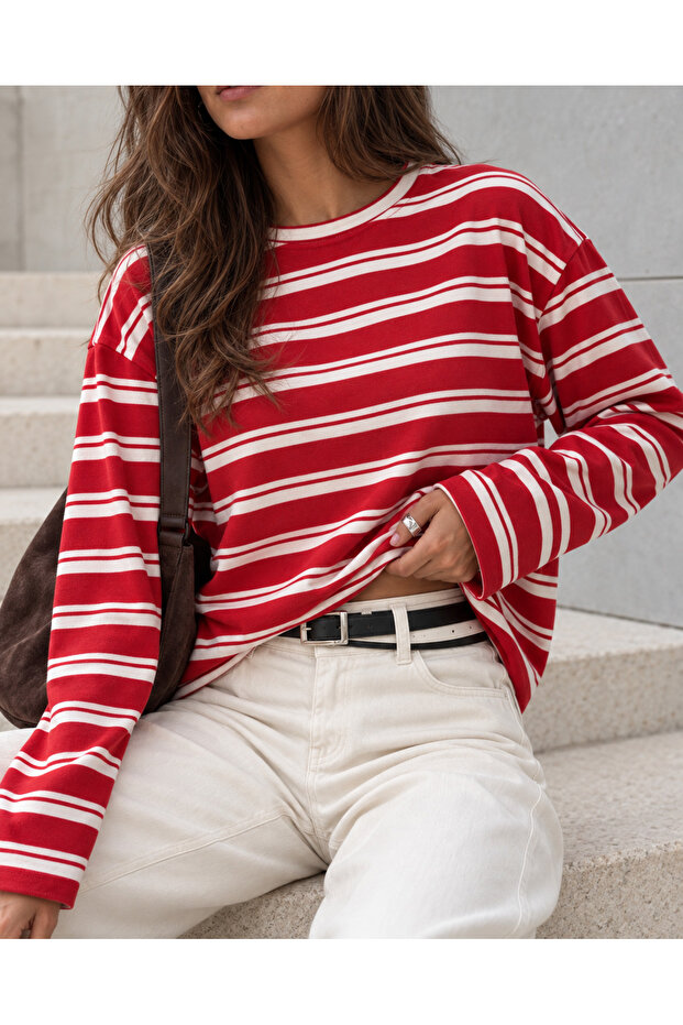 Women's Red Striped Crew Neck Long Sleeve Oversize T-Shirt – 100% Cotton