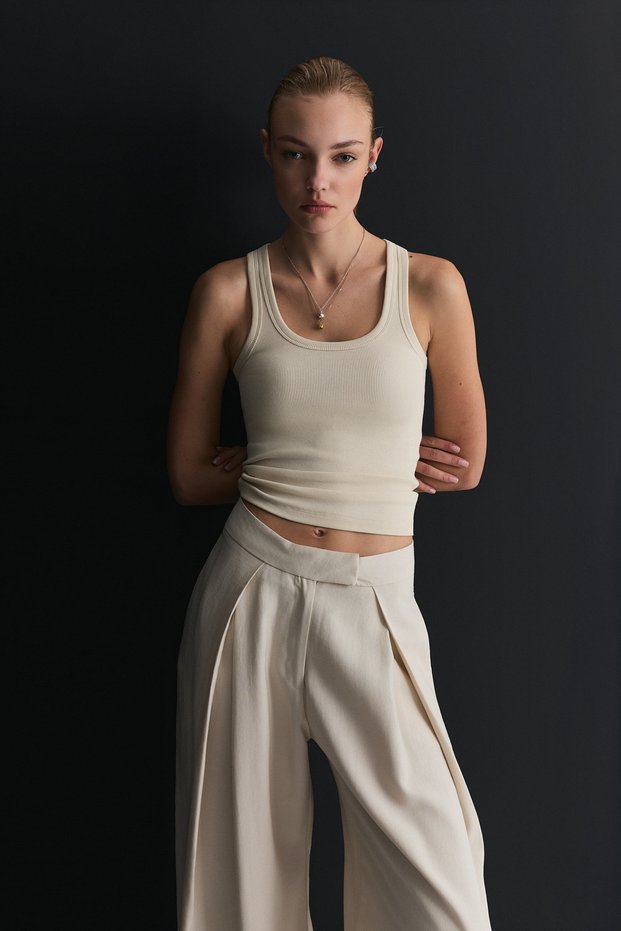 Ecru Ribbed Strap Women's Tank Top